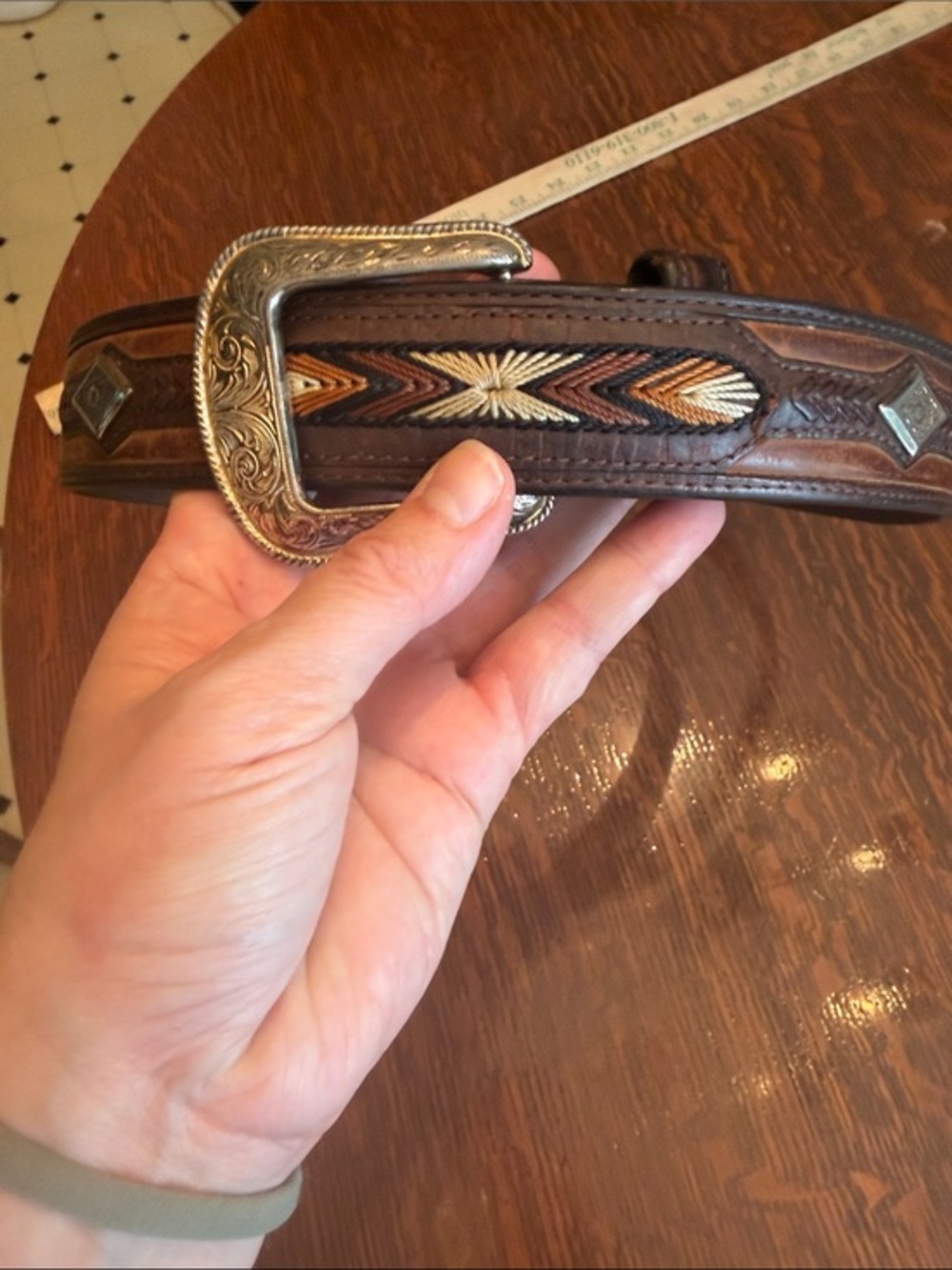 Badger Brown Leather Men's Belt with Multicolor Embroidery size 40